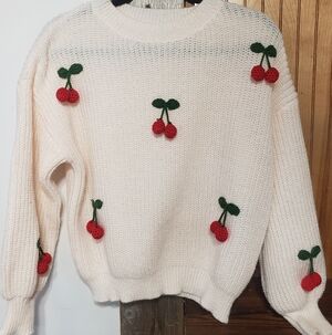 Crocheted Cherries Sweater Med Crew Neck  Cherry Coded Retro Coquette
